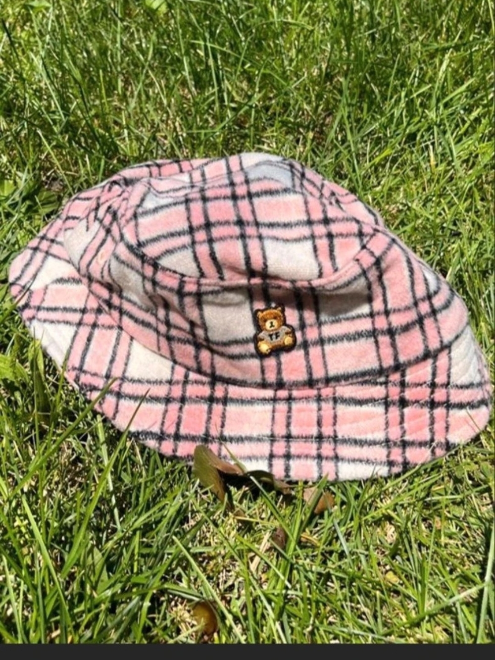 Kids Pink Plaid Bucket Hat with Teddy Patch
